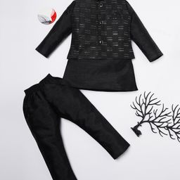 Ridokidz Full Sleeves Solid Kurta & Pyjama With Abstract Embroidered Jacket Set - Black-image-48