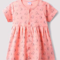 Tango Interlock Knit Half Sleeves Front Open Frock with Teddy Print - Pink-image-60