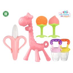 The Cheeky Kidzz Baby 1 Silicone Giraffe Teether| 1 Banana| 2 Fruit Shape Teether & 2 Fruit Nibblers Soothers Teether Feeder For Oral Dental Care BPA Free-0