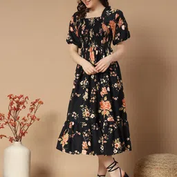 Jash Creation Floral Print Puff Sleeves Smocked Fit & Flare Dresses-image-17