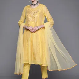 Biba Women Yellow Ethnic Motifs Yoke Design Mirror Work Kurta with Trousers & With Dupatta-picture-4