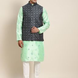 SOJANYA Men Sea Green Embroidered Mirror Work Kurta with Pyjamas With Nehru Jacket-20