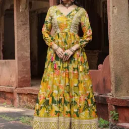 SCAKHI Lime Green Organza Floral Print & Gota Work Gathered Angrakha Gown-image-33