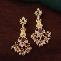 Estele Gold-Plated CZ Lakshmi Devi Design Pearls Dangler Earrings-47
