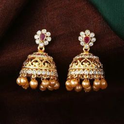 Estele Gold-Plated CZ Elegant Pearl & Pink Crystals Jhumki Earrings-image-87