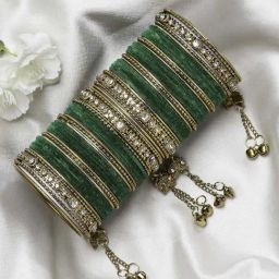 Zeneme Gold Plated Matte Finish Green Velvet CZ Studded Bangles for Women Set of 56-62