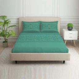 Spaces Tribal Grid Light Green 100% Cotton 144 TC Double Bedsheet with 2 Pillow Covers-image-24