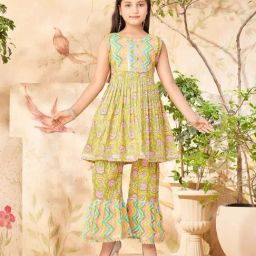 Aarika Kids Mehendi Green Cotton Printed Kurti & Sharara-image-76