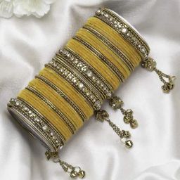 Zeneme Gold Plated Matte Finish Yellow Velvet CZ Studded Bangles for Women Set of 56-image-85