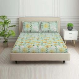 Spaces Savoire Green 100% Cotton 144 TC Double Bedsheet with 2 Pillow Covers-image-37