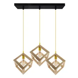 Homesake 3-Lights Linear Cluster Beige Wooden Modern Nordic Cube Hanging Light  (Bulb not included)-9