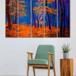999Store Blue & Orange Leaves Tree Forest Art 5 Frame MDF Paintings-33