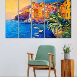 999Store Yellow & Blue Sea Side and Modern City Art 5 Frame MDF Paintings-31