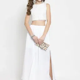 Sera White Self Design Crop Top With Skirt-image-23