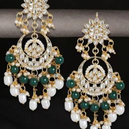 Oomph Jewellery Green Ethnic Kundan & Pearls Studded Long Design Chand Bali Earrings-25