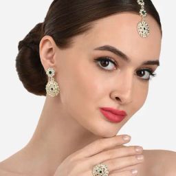 Zaveri Pearls Green & White Dazzling Diamonds Embellished Earring Maangtikka & Ring Set-ZPFK12213-image-62