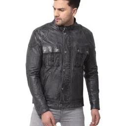 Woods Black Mandarin Collar Leather Jacket-picture-20