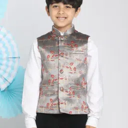 VASTRAMAY Kids Grey & Red Floral Print Nehru Jacket-image-45