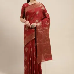 Blissta Maroon Linen Floral Print Kanjeevaram Saree With Unstitched Blouse-image-42