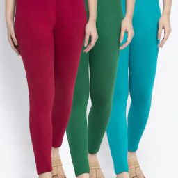 Gracit Green & Maroon Mid Rise Leggings - Pack Of 3-image-98