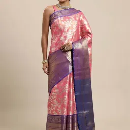 Blissta Pink & Blue Woven Saree With Unstitched Blouse-image-20