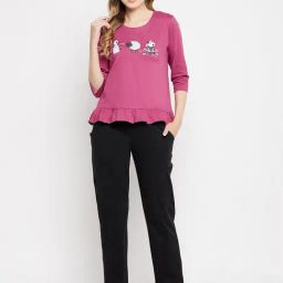 Clovia Pink & Black Printed Top & Pyjama Set-image-79
