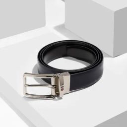 Louis Philippe Black Leather Solid Reversible Belt for Men-image-58