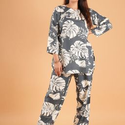 Based Leaf Printed Pure Cotton Tunic With Trouser Co-Ords-91