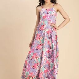 Moomaya Pink & Purple Floral Print Maxi Dress-image-63