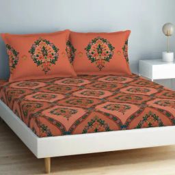 Spaces Aurum Abstract Orange 132 TC Cotton Double Bedsheet with 2 Pillow Covers-20