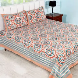 Soumya Peach-Coloured & Blue Ethnic Motifs 260 TC Queen Bedsheet with 2 Pillow Covers-image-1