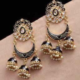 Panash Black & Gold Plated Crescent Shaped Kundan Jhumki Earrings-image-30
