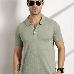 Thomas Scott Green Cotton Regular Fit Texture Polo T-Shirt-image-53