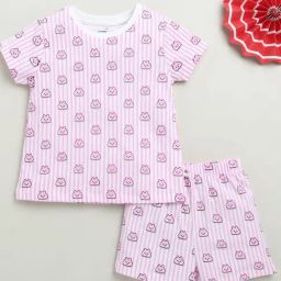 Bumzee White Cotton Printed T-Shirt With Short for Girls-image-0