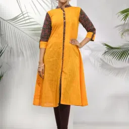 CHARUKRITI Yellow Cotton Woven Pattern A Line Kurta-image-0