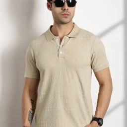 Thomas Scott Beige Cotton Regular Fit Texture Polo T-Shirt-image-45