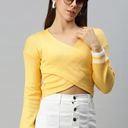 Campus Sutra Yellow Solid Wrap Cropped Top-image-28