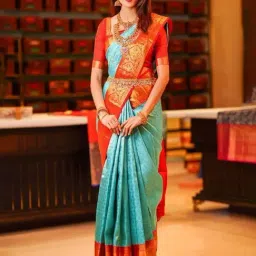 APNISHA Blue & Red Silk Woven Saree With Unstitched Blouse-image-80