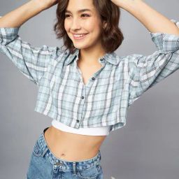 CHIMPAAANZEE Grey & Blue Viscose Checks Crop Shirt-image-98