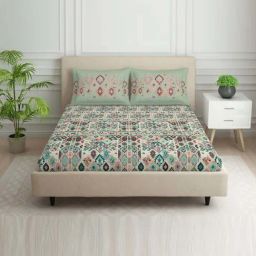 Spaces Tribal Grid Dark Aqua 100% Cotton 144 TC Double Bedsheet with 2 Pillow Covers-image-9