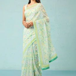 Taneira Green Floral Print Saree With Unstitched Blouse-image-79