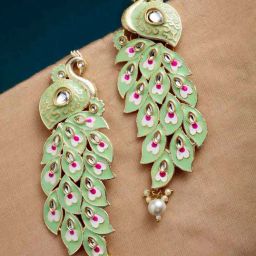 Panash Green & Pink Gold Plated Kundan Stone Peacock Shaped Dangler Earrings-4