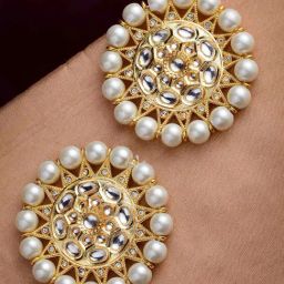 Panash Gold Plated & White Kundan & Pearls Stone Circular Shaped Stud Earrings-0