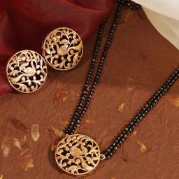 Abdesigns Gold Plated Black Beaded Mangalsutra,Hand Mangalsutra & Earrings Set-image-2