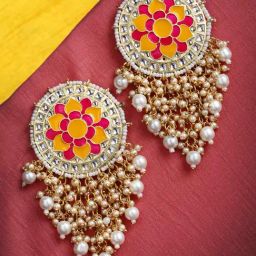 Panash Gold Toned & White Circular Dangler Earrings-image-24