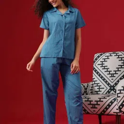 Clovia Blue Cotton Regular Fit Textured Night Suit-picture-23