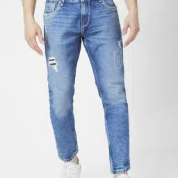 Spykar Mid Blue Cotton Slim Fit Distressed Jeans-picture-15