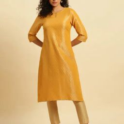 W Yellow Woven Pattern Straight Kurta-picture-0
