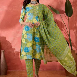 Sangria Floral Printed Pure Cotton Straight Kurta & Trousers With Dupatta-image-96