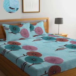 Klotthe Blue Cotton Blend 300 TC Elastic Bed Sheet With 2 Pillow Covers-image-70